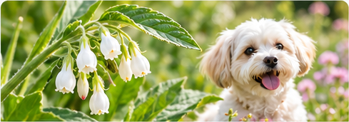 Alantoína em composição leve com flores e cão em jardim