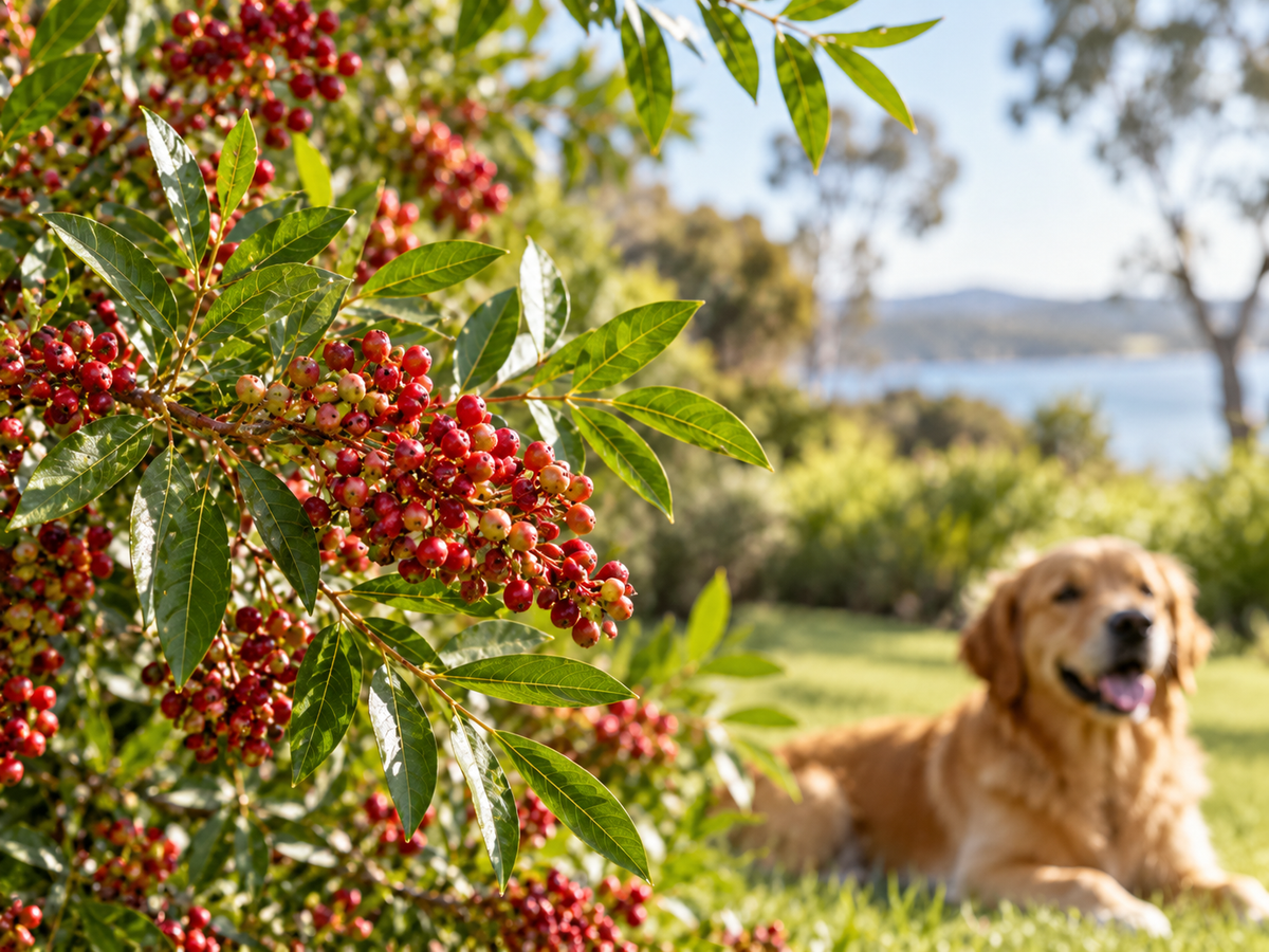 Aroeira-vermelha com frutos em ambiente ao ar livre e cão ao fundo