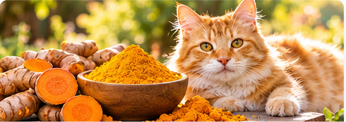 Cúrcuma fresca em ambiente iluminado com gato