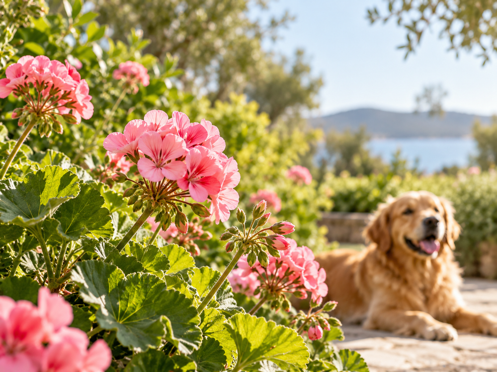 Gerânio em jardim ao ar livre com cão ao fundo