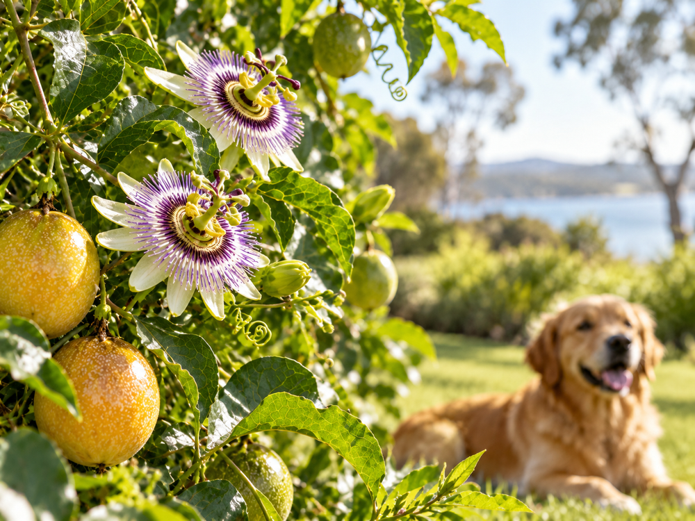 Maracujá em flor e fruto em ambiente ao ar livre com cão ao fundo