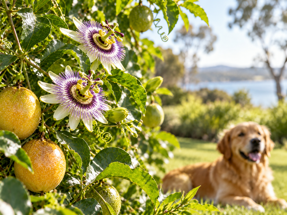 Maracujá em flor e fruto em ambiente ao ar livre com cão ao fundo