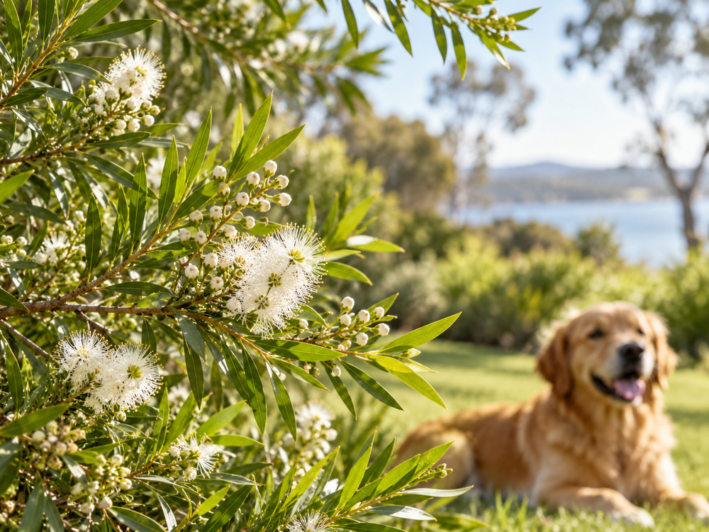 Melaleuca em ambiente ao ar livre com cão ao fundo