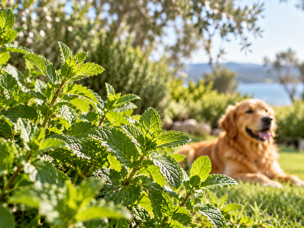 Menta fresca em ambiente ao ar livre com cão ao fundo