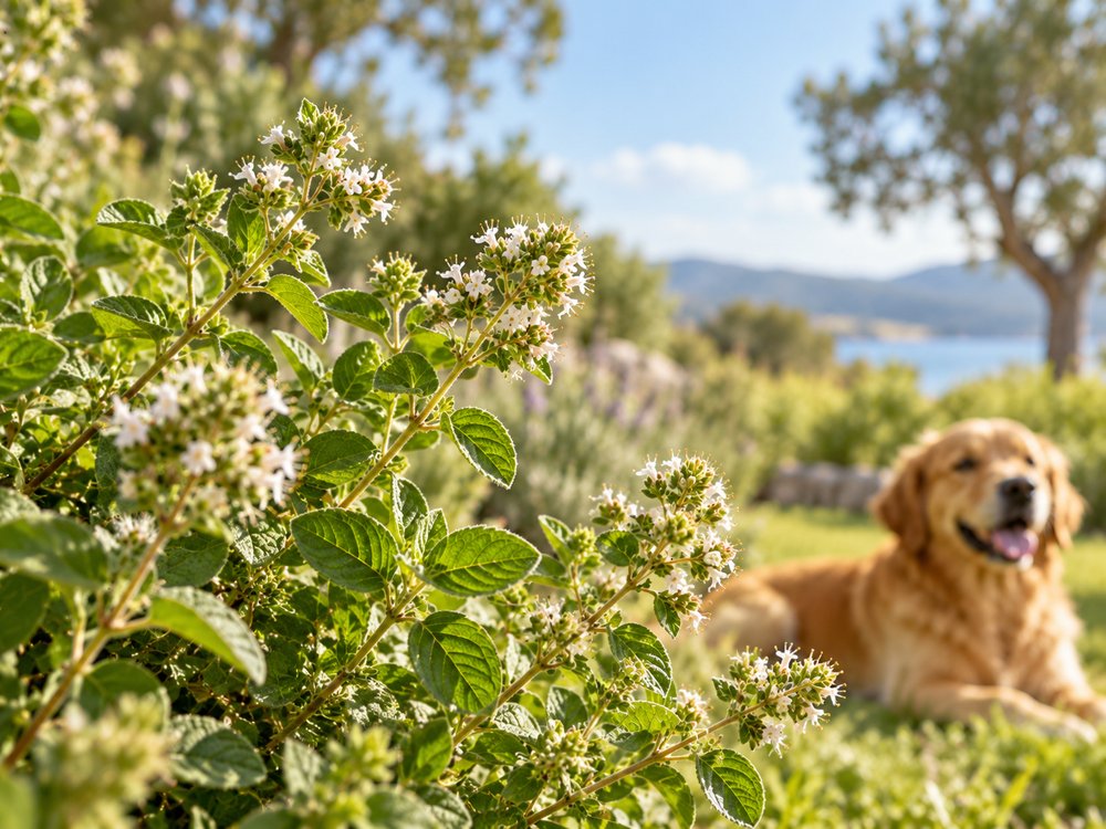 Orégano em ambiente ao ar livre com cão ao fundo