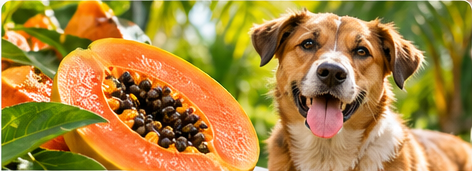 Papaia em ambiente tropical com cão ao ar livre