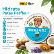 Ingredientes do Hidrata Patas Petfleur com karité, cupuaçu, óleo de coco, cera de abelha e vitamina E