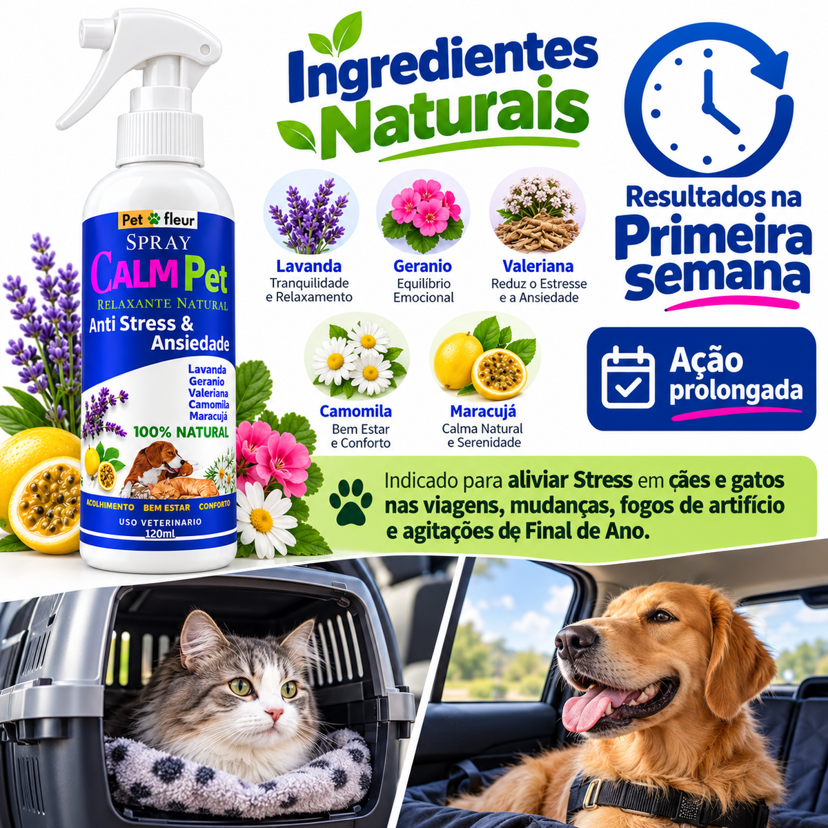 Spray CalmPet Petfleur 120 ml com destaque para relaxamento natural