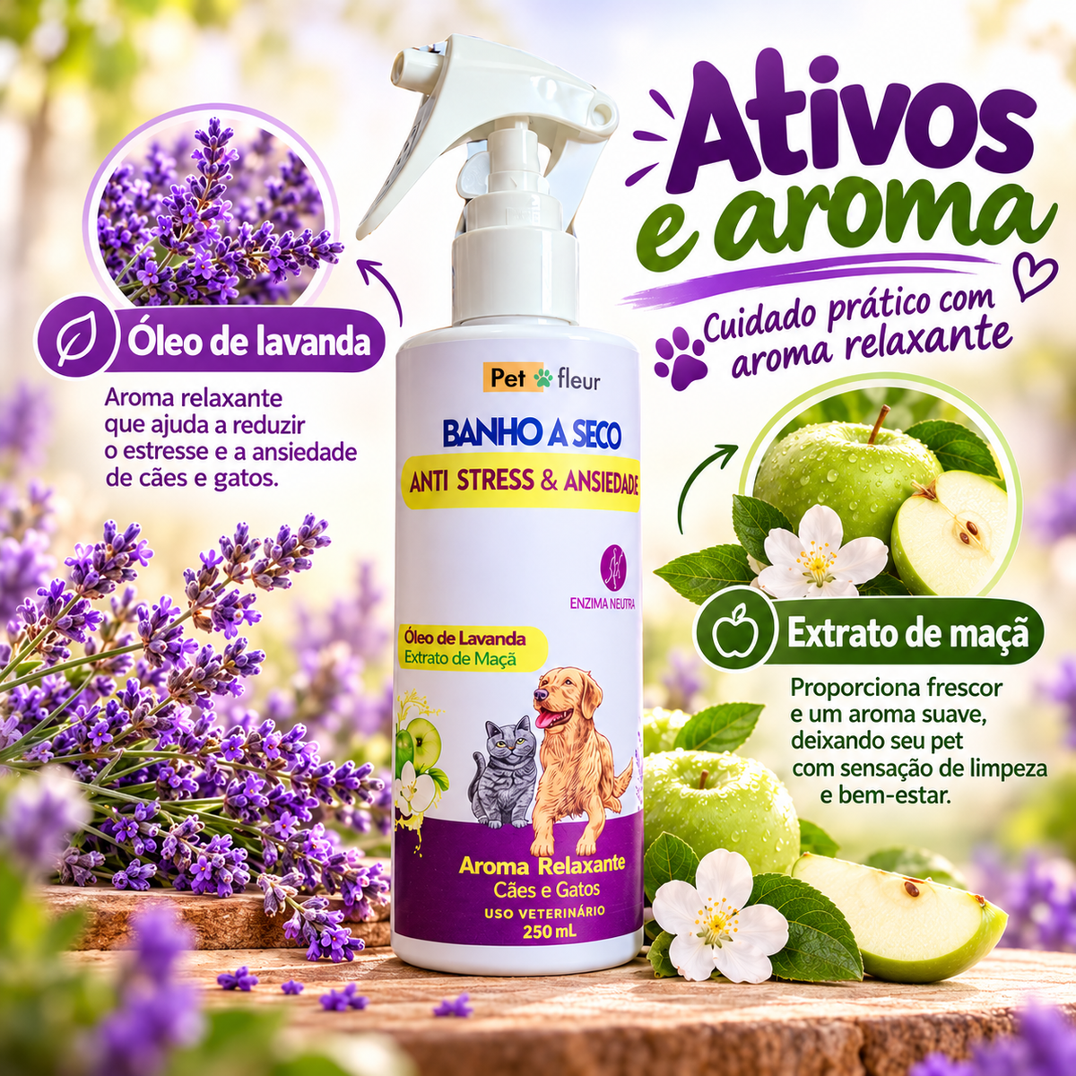 Banho a Seco Petfleur 250 ml com óleo de lavanda e extrato de maçã