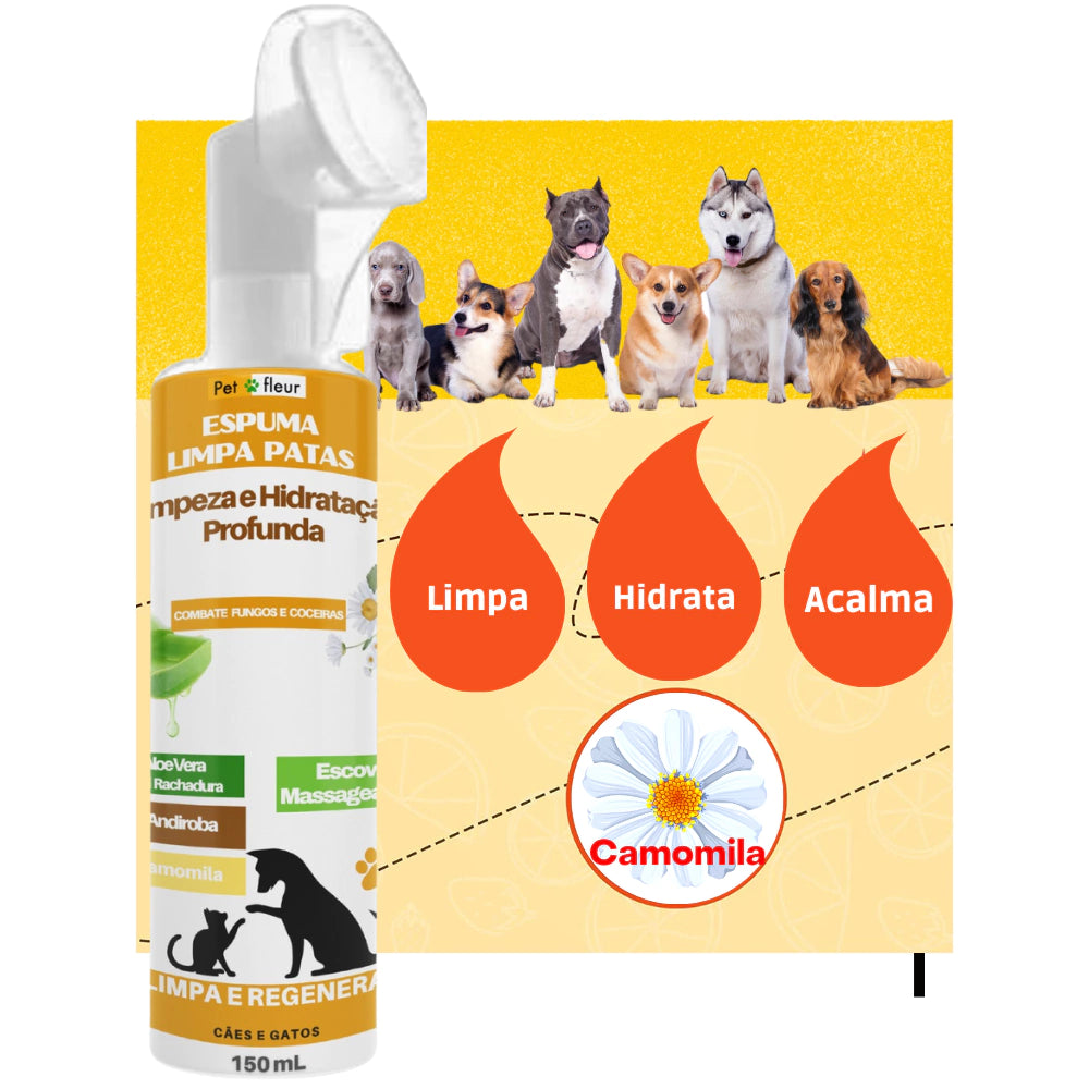 Espuma Limpa Patas Cães e Gatos função antifúngica com Escova massageadora Óleo de Andiroba Vitamina E - Petfleur