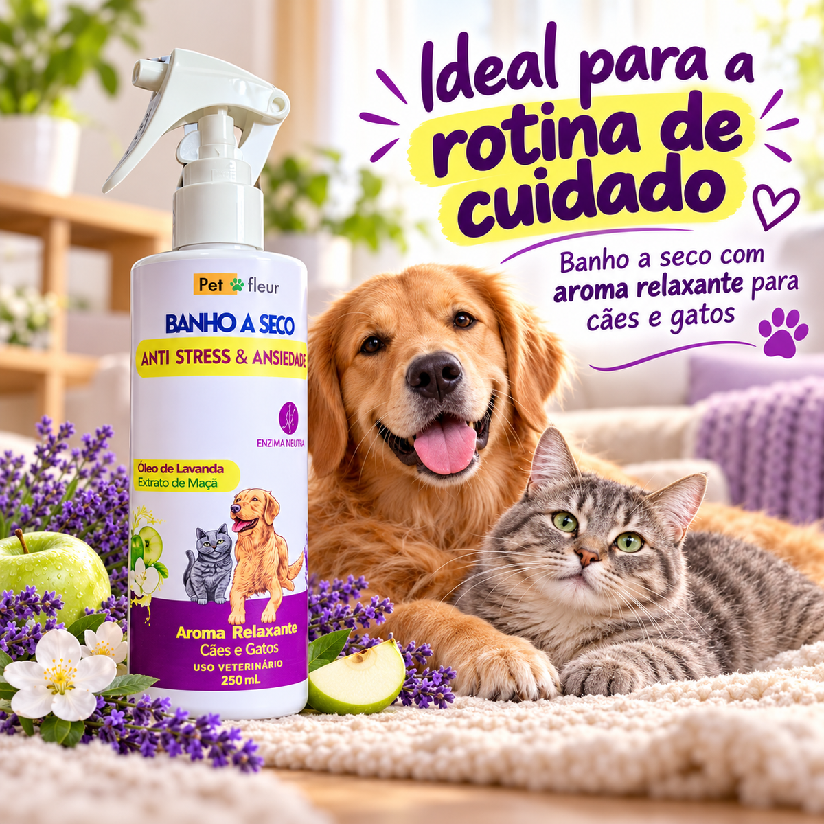 Banho a Seco Anti Stress Petfleur 250 ml na rotina de cuidado de cães e gatos