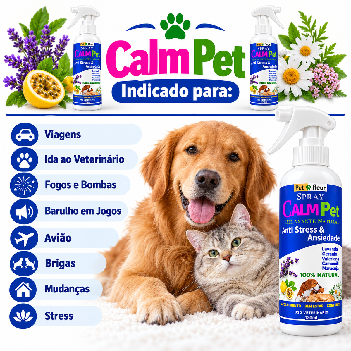 Spray CalmPet Petfleur 120 ml em arte de conforto e bem-estar para pets