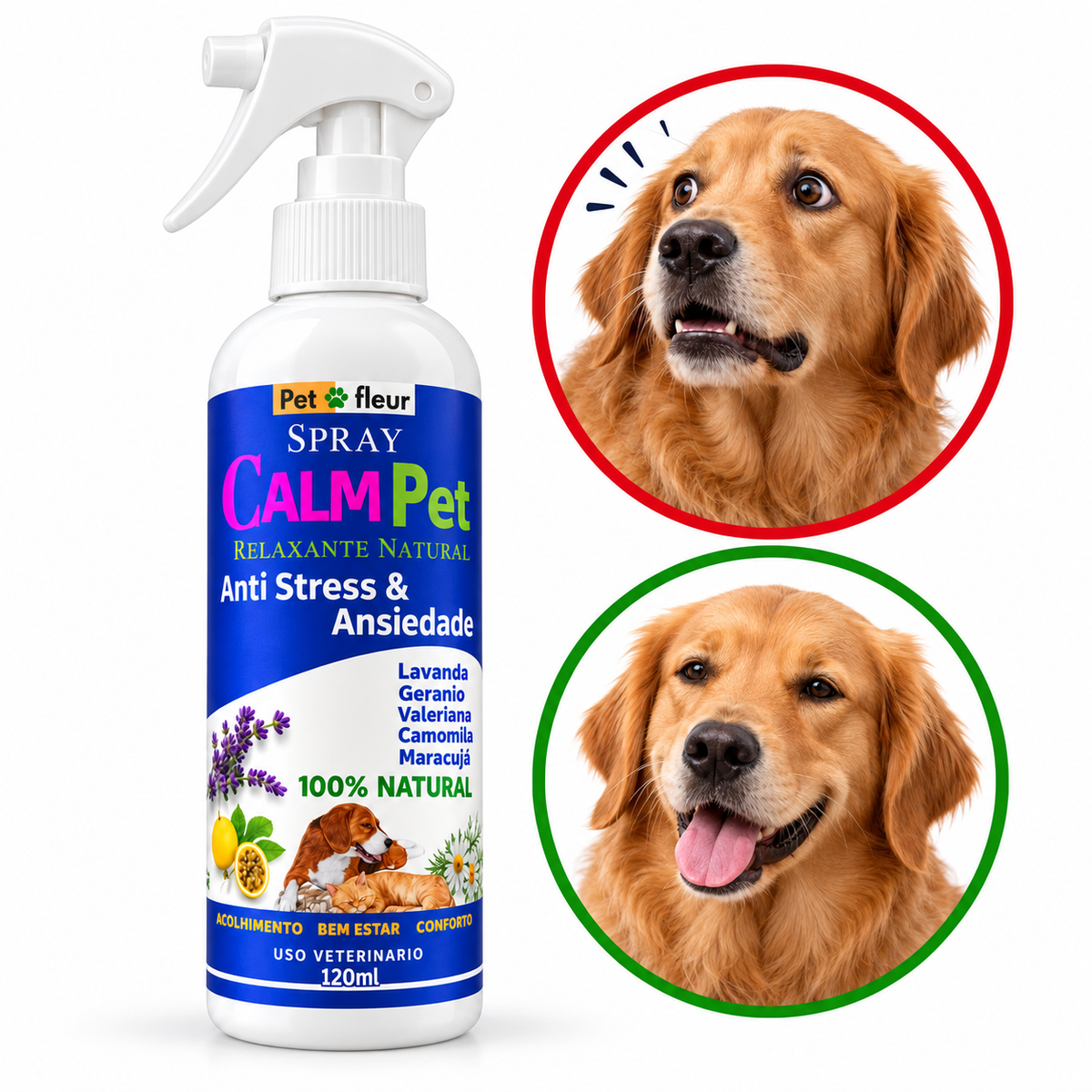 Comparação visual do Spray CalmPet Petfleur 120 ml