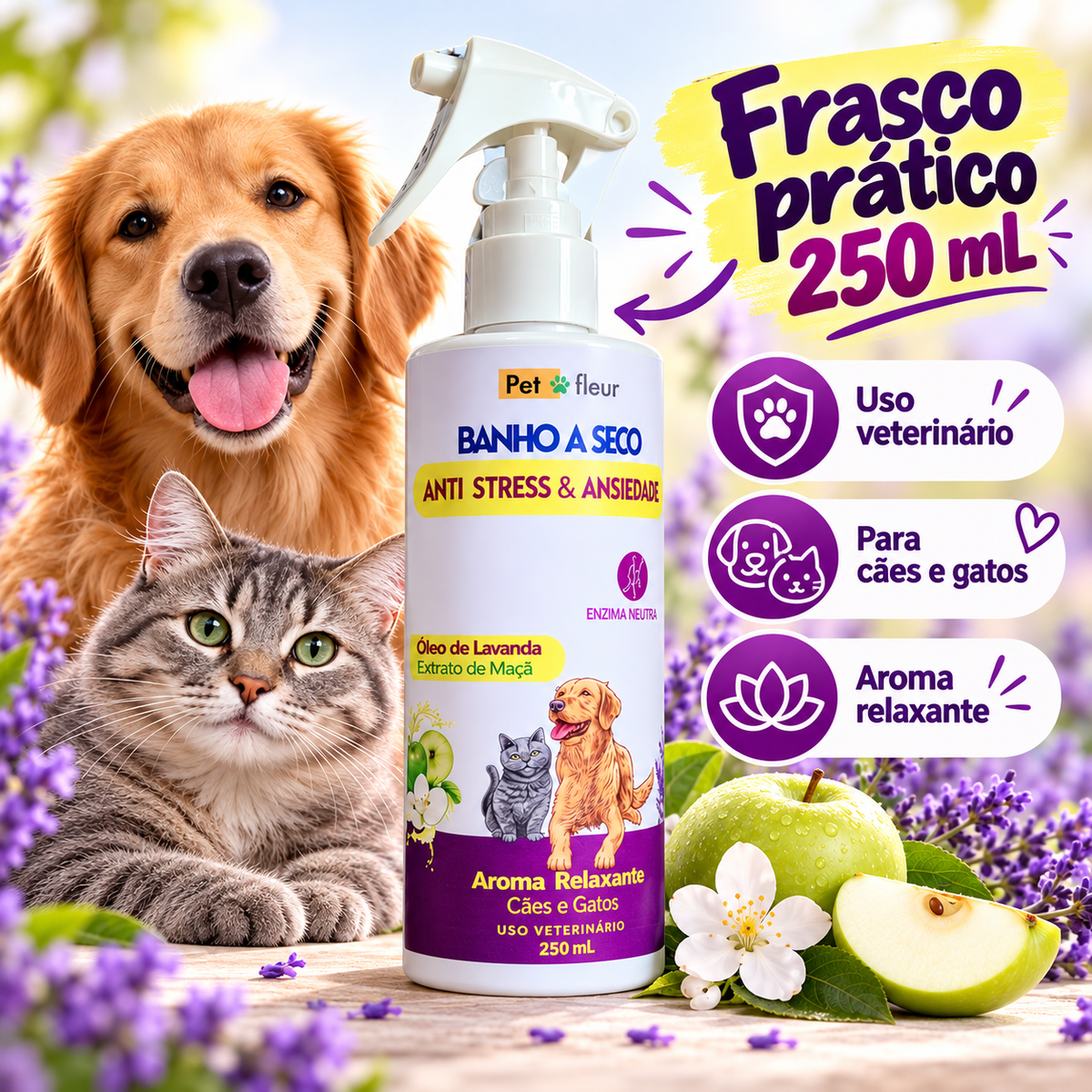 Frasco Banho a Seco Anti Stress Petfleur 250 ml para uso veterinário