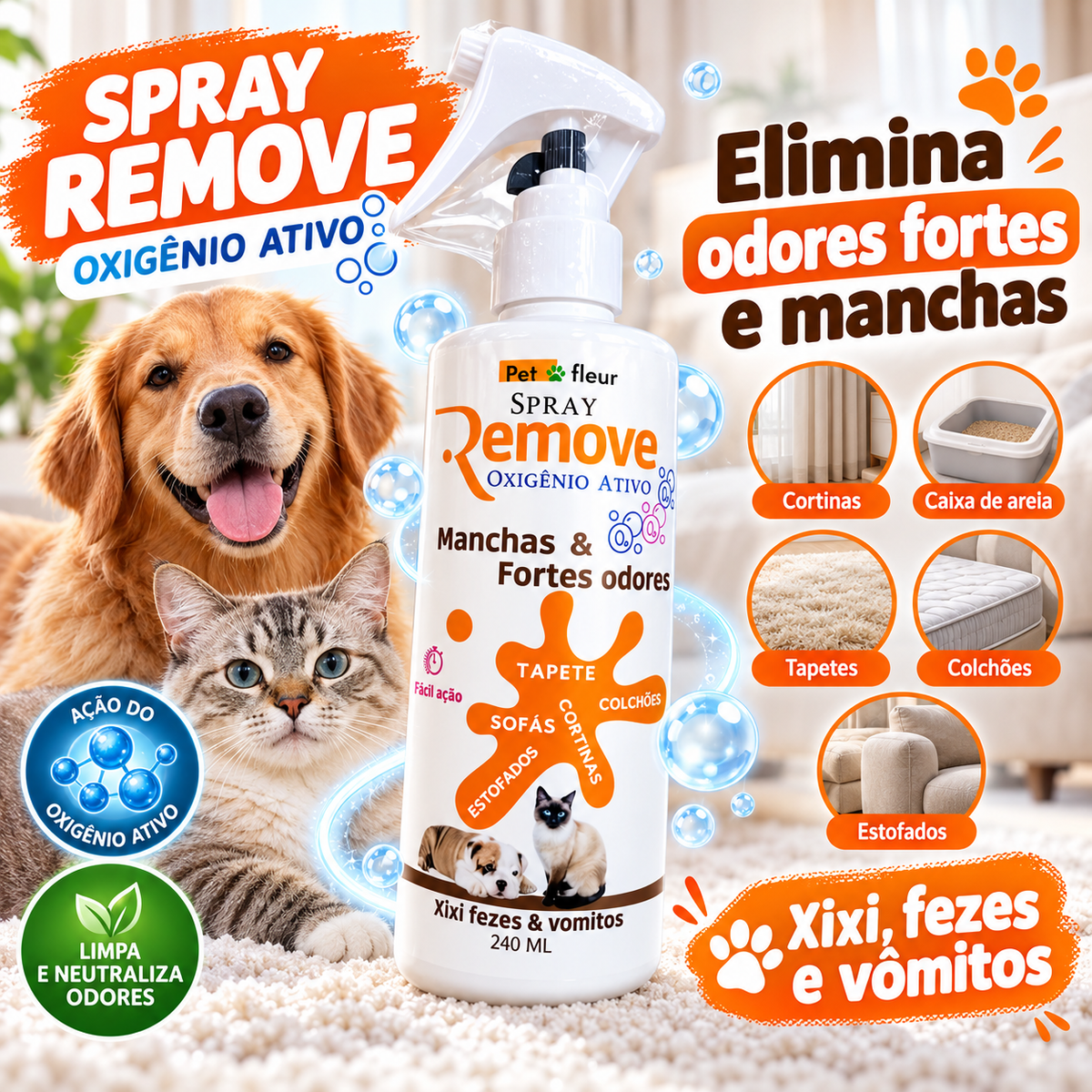 Tira Manchas e mal cheiro Oxigenio ativo Caixa de areia de gatos, carpete, cortina e estofado