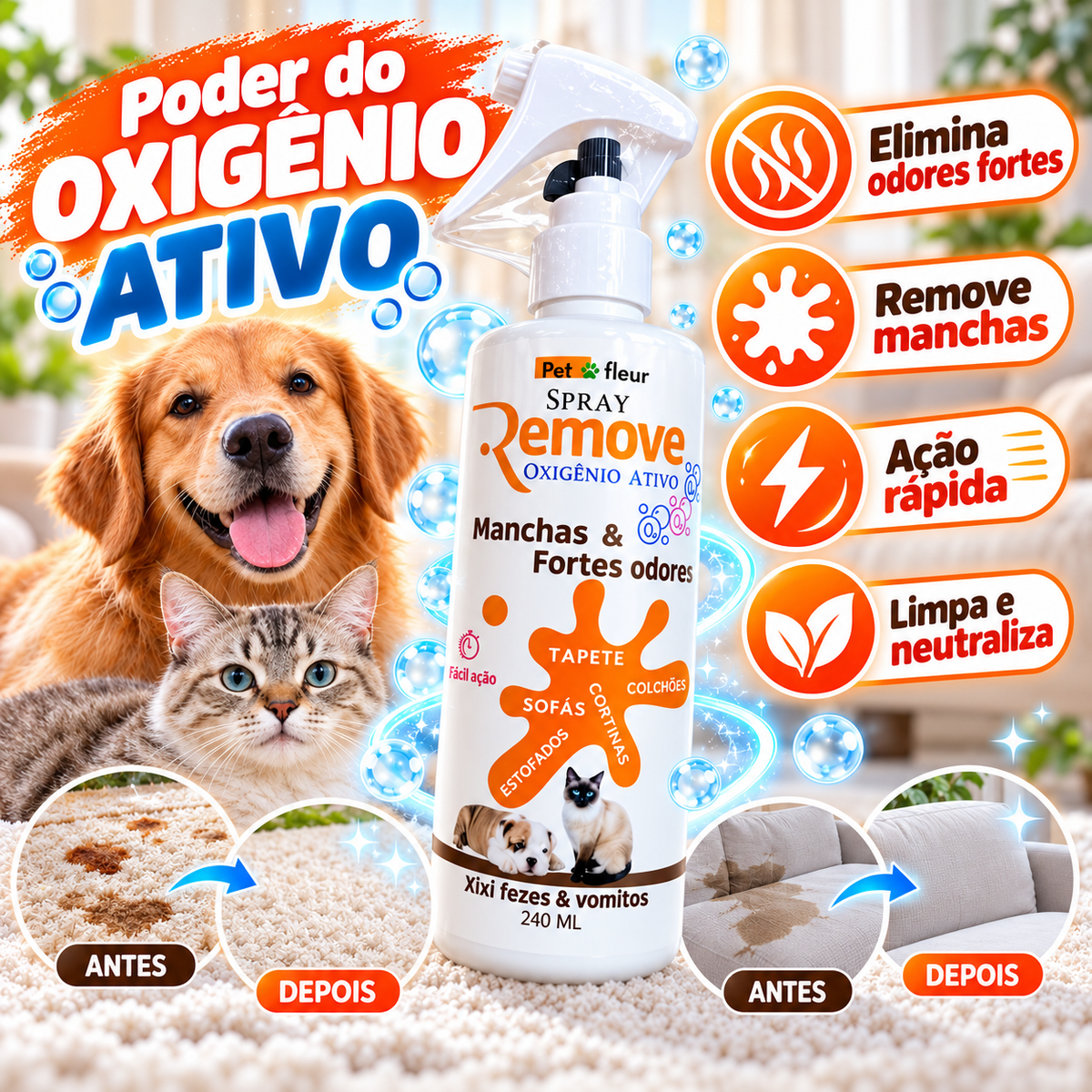 Tira Manchas e mal cheiro Oxigenio ativo Caixa de areia de gatos, carpete, cortina e estofado