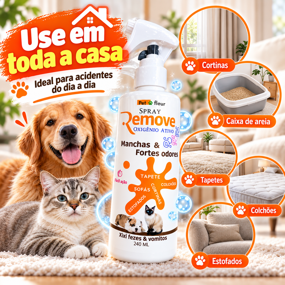 Tira Manchas e mal cheiro Oxigenio ativo Caixa de areia de gatos, carpete, cortina e estofado