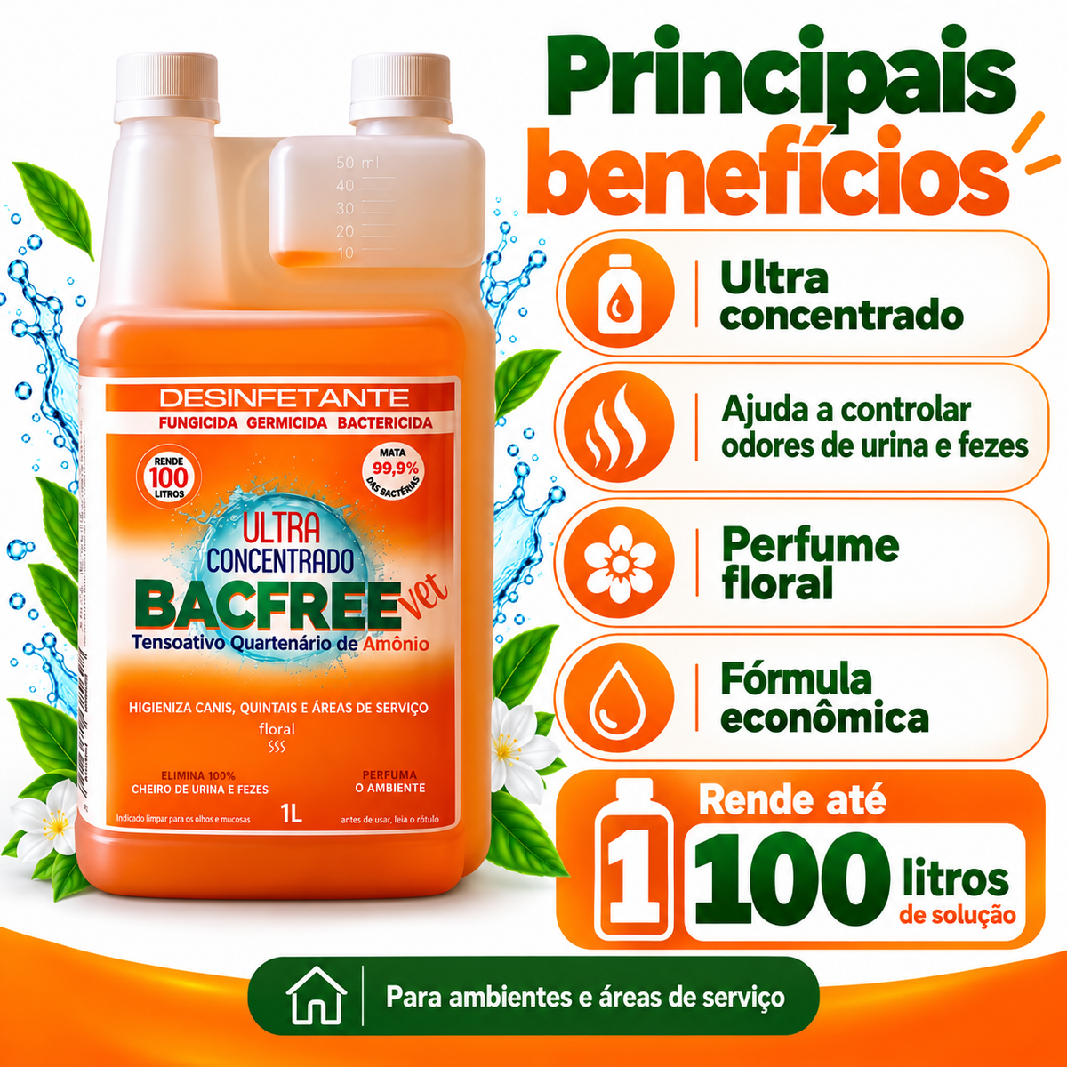 Infográfico de benefícios e rendimento do Bacfree Vet
