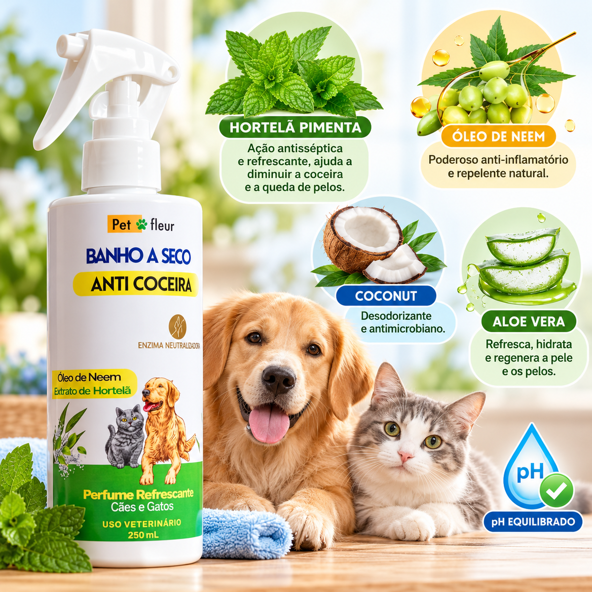 Banho a Seco Anti Coceira Petfleur 250 ml para cães e gatos