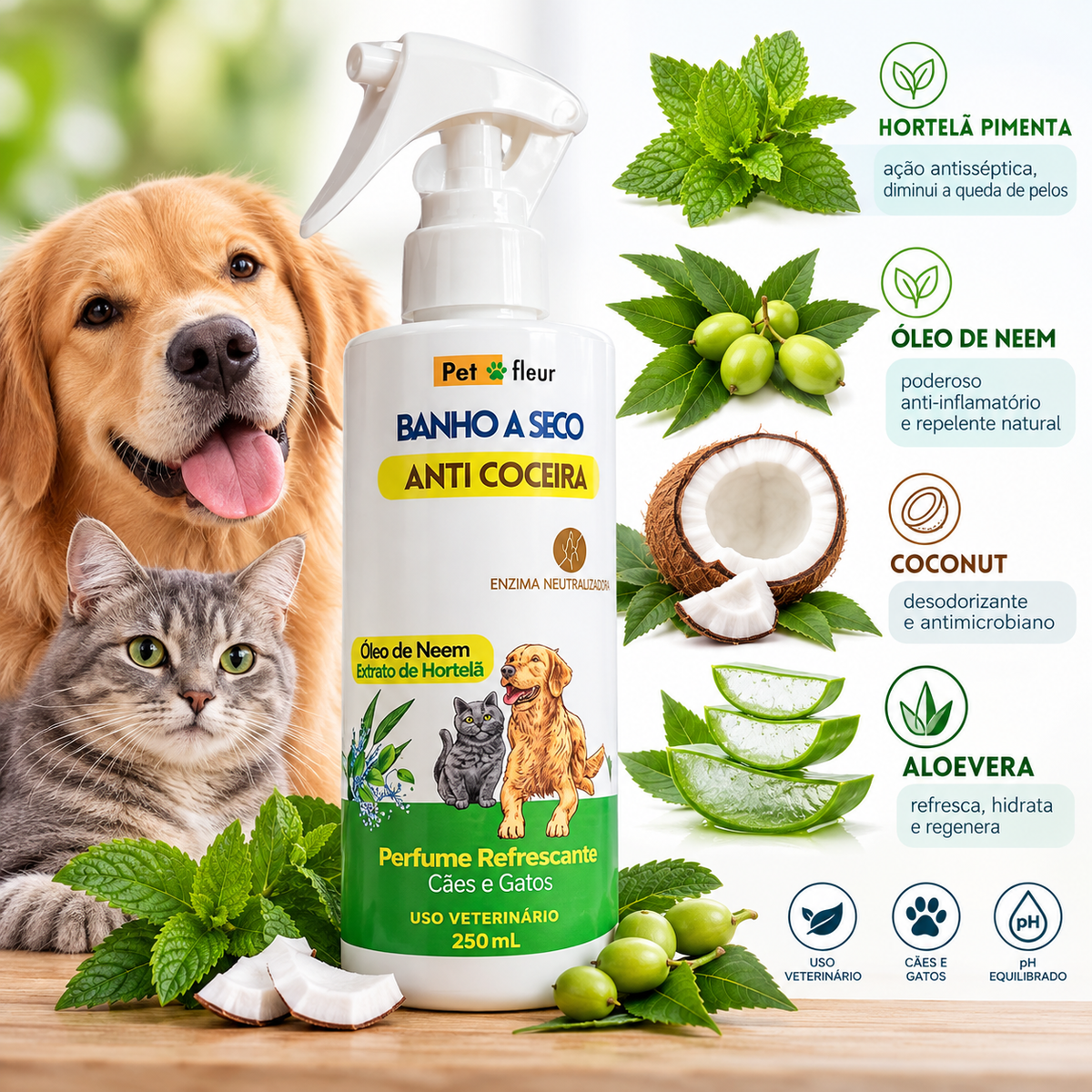 Banho a Seco Anti Coceira Petfleur 250 ml com ativos botânicos para cães e gatos