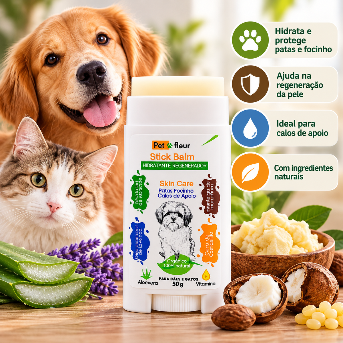 Stick Balm Petfleur 50 g para patas, focinho e calos de apoio de cães e gatos