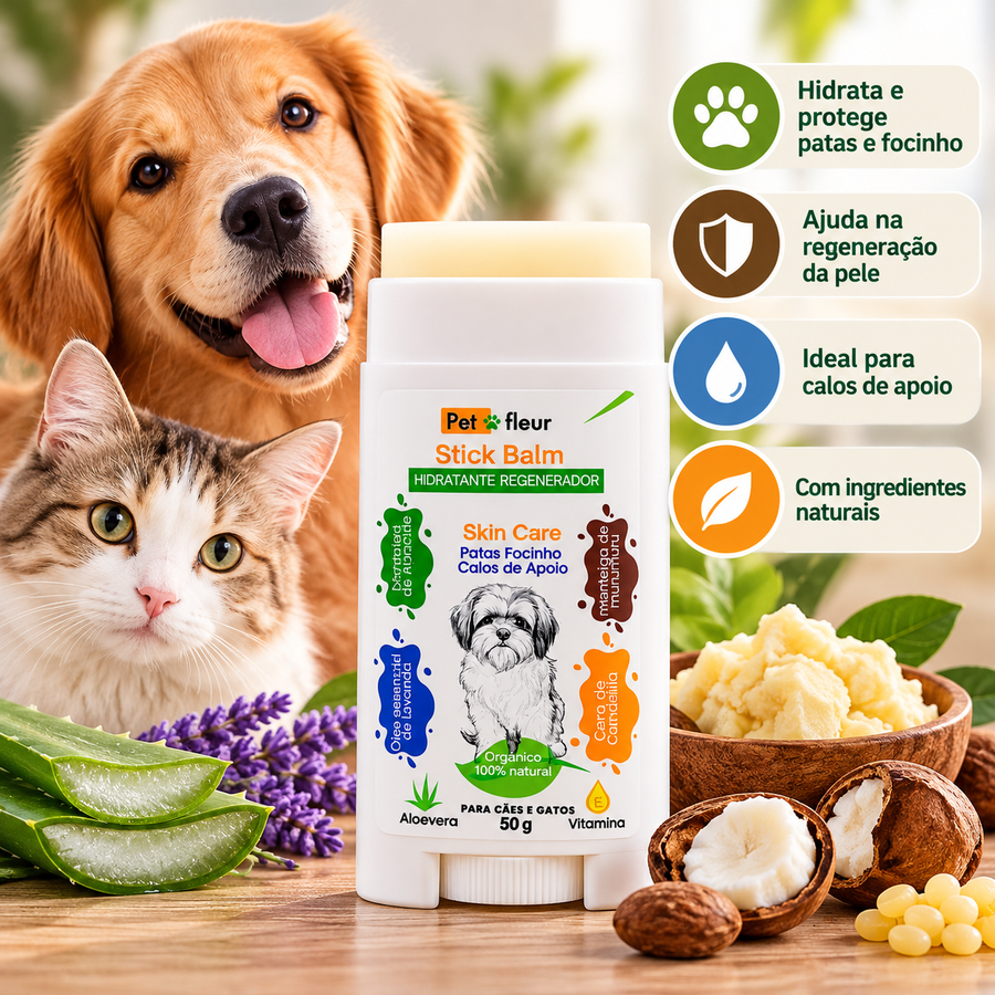 Stick Balm Petfleur 50 g para patas, focinho e calos de apoio de cães e gatos